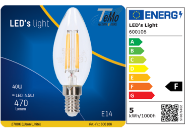 1 STÜCK (VPE) SHADA LED Kerze E14 470lm 4.5W, warmweiss 2700K, C35 klar, dimmbar, EEC: F (0600106)